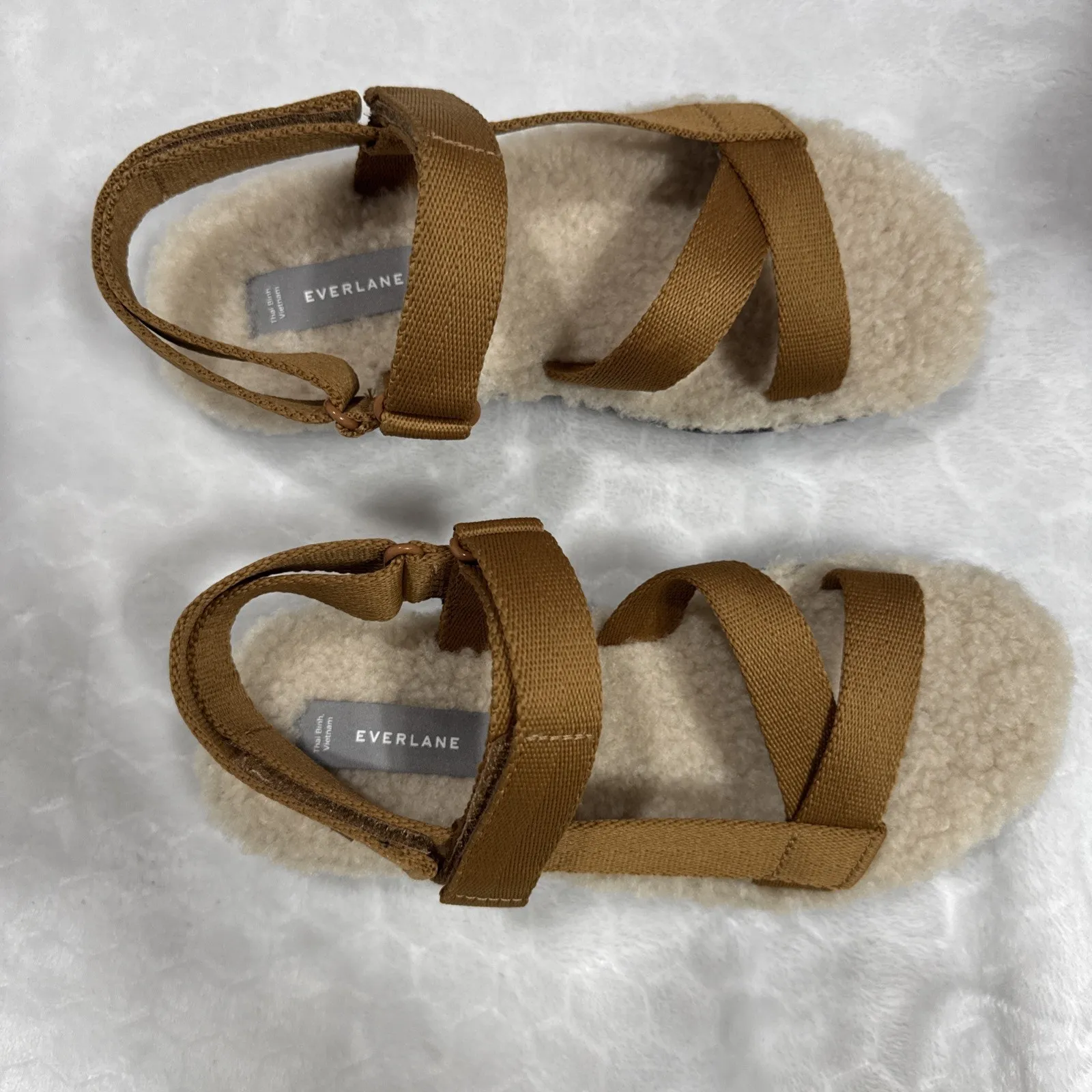 EVERLANE Womens Sandals Renew Teddy Sport Faux Fur Sherpa Lined Sz 5 Brown Strap - Image 4