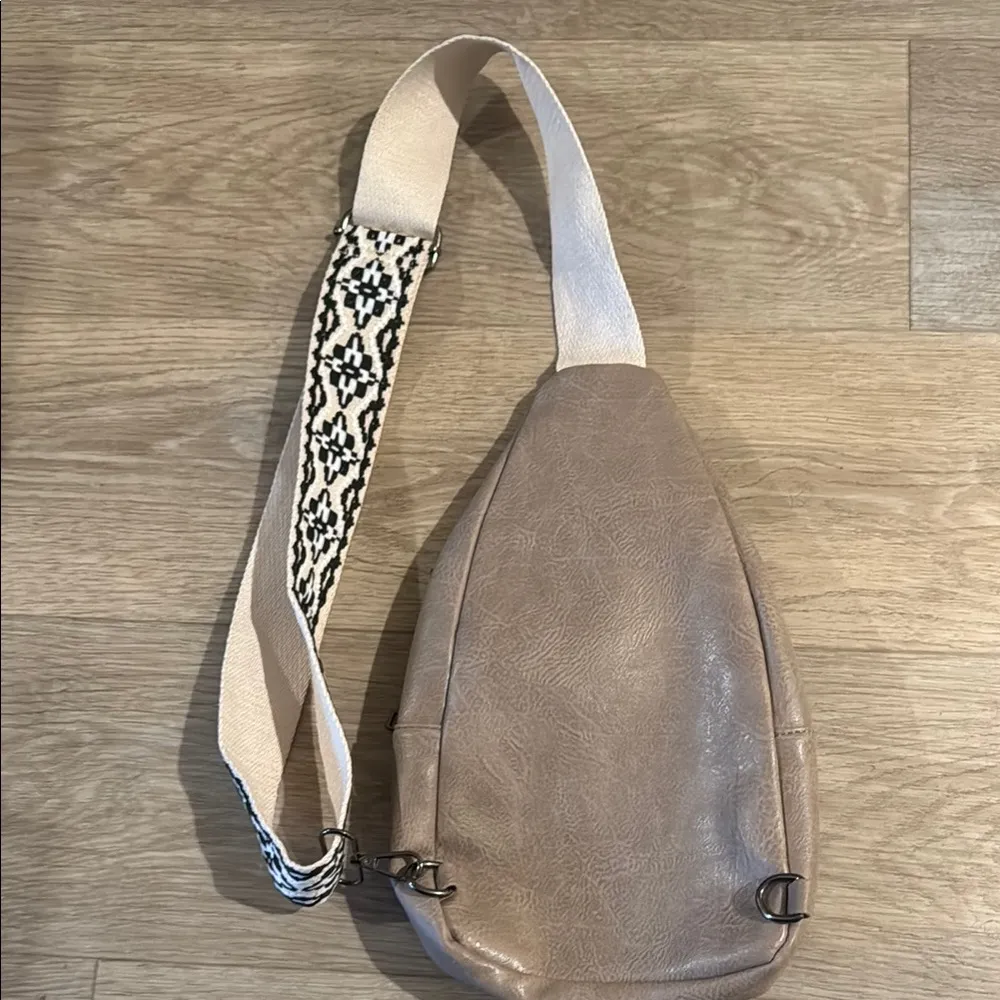 Chic Taupe Sling Bag with Black and White Strap - Image 2