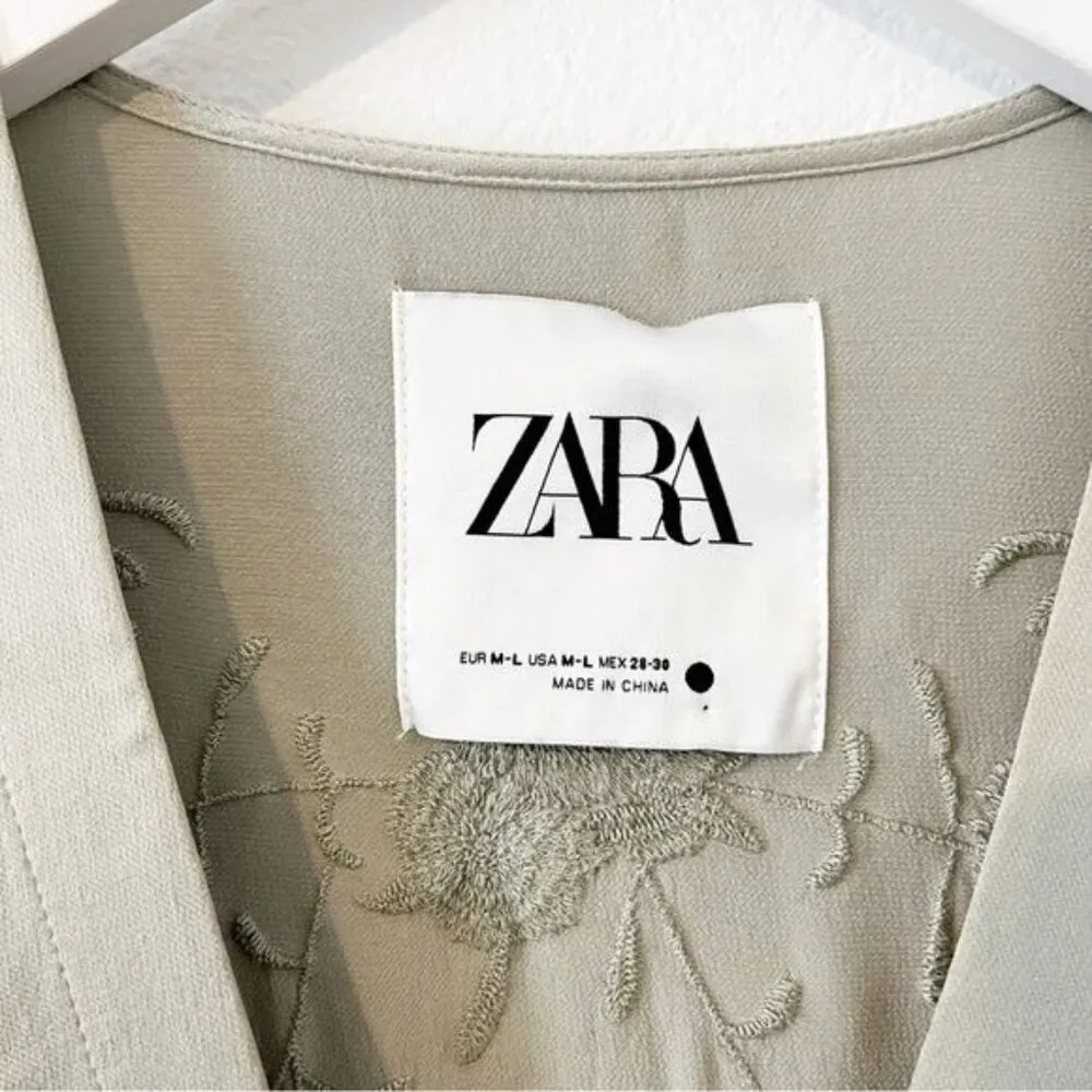 ZARA Green Embroidered Kimono Dress Button Down Front Midi Size M / L - Image 4