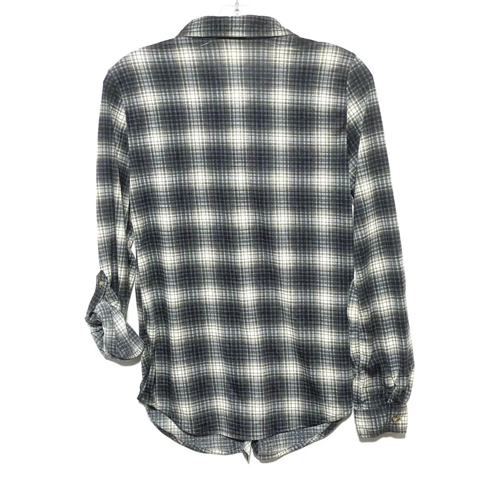 Passport Plaid Button Shirt Front Flap Pockets Womens Small Roll Tab Sleeves Blue - Image 2