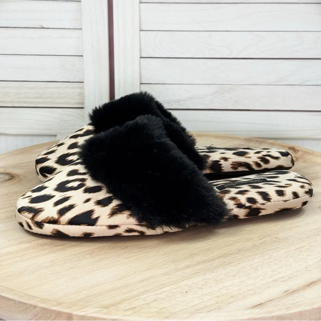 Victorias Secret Leopard Print Faux Fur Trim Satin Slippers Tan Black Medium - Image 4
