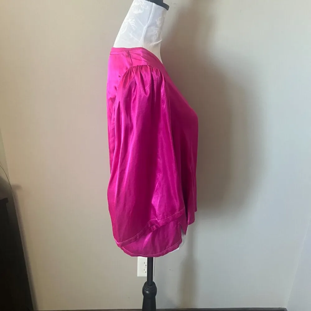 Nation LTD Donna Bell Sleeve Satin Top Boho Crewneck Oversized Magenta Pink L - Image 5