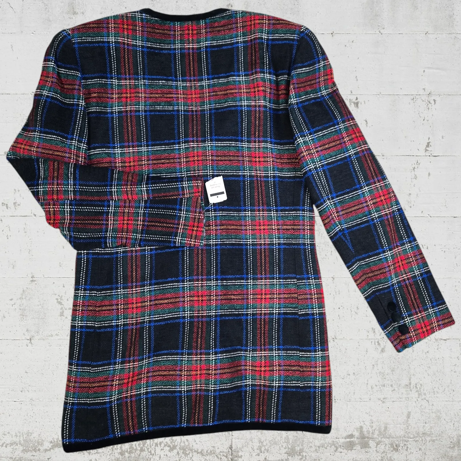 Vintage 90s Black Red Tartan Plaid Wool Blend Velvet Trim V-Neck Blazer Size 4 - Image 11