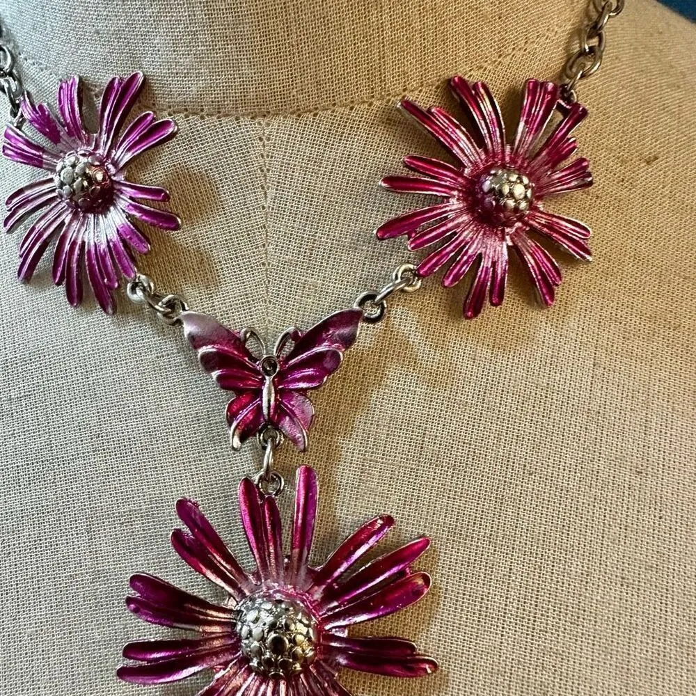 Pink flower butterfly statement necklace - Image 2