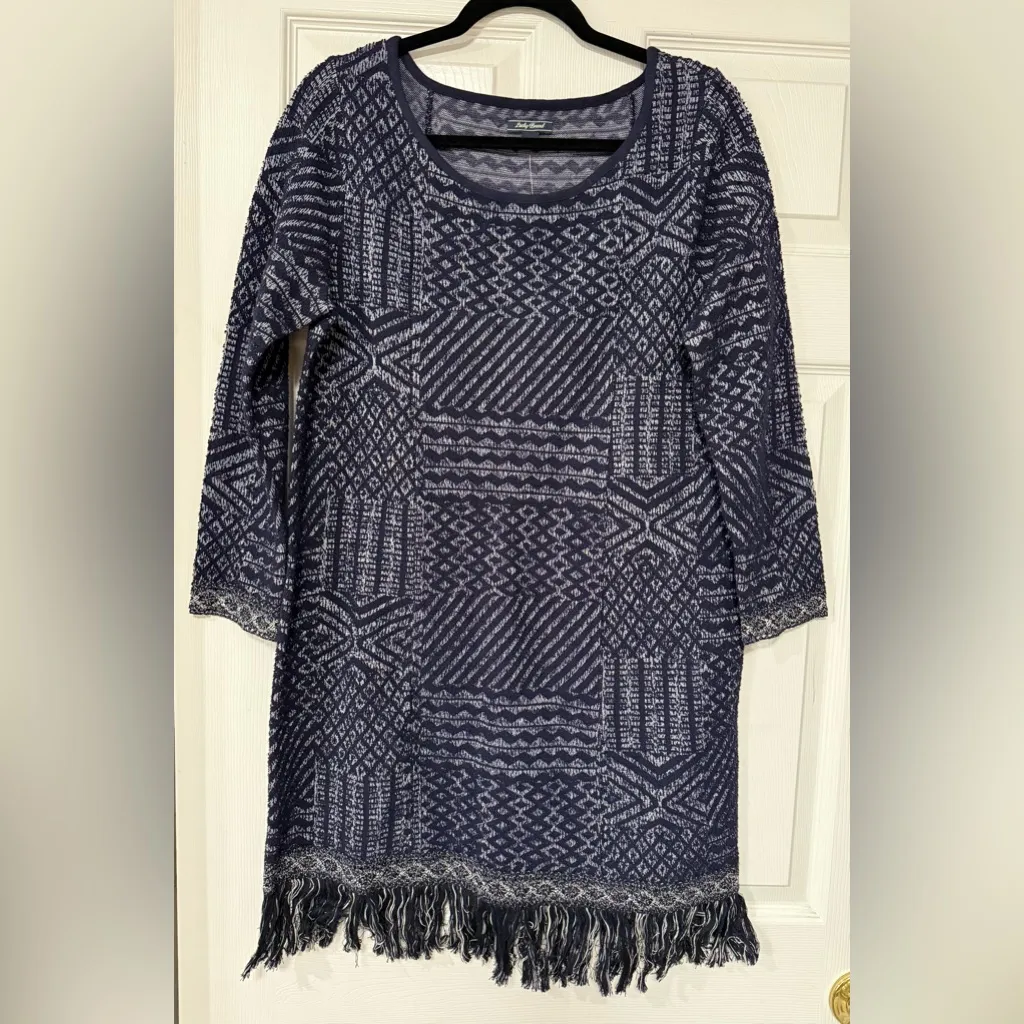 Lucky Brand Fringe Jacquard Mini Sweater Dress Long Sleeves Navy Size L NWT - Image 2