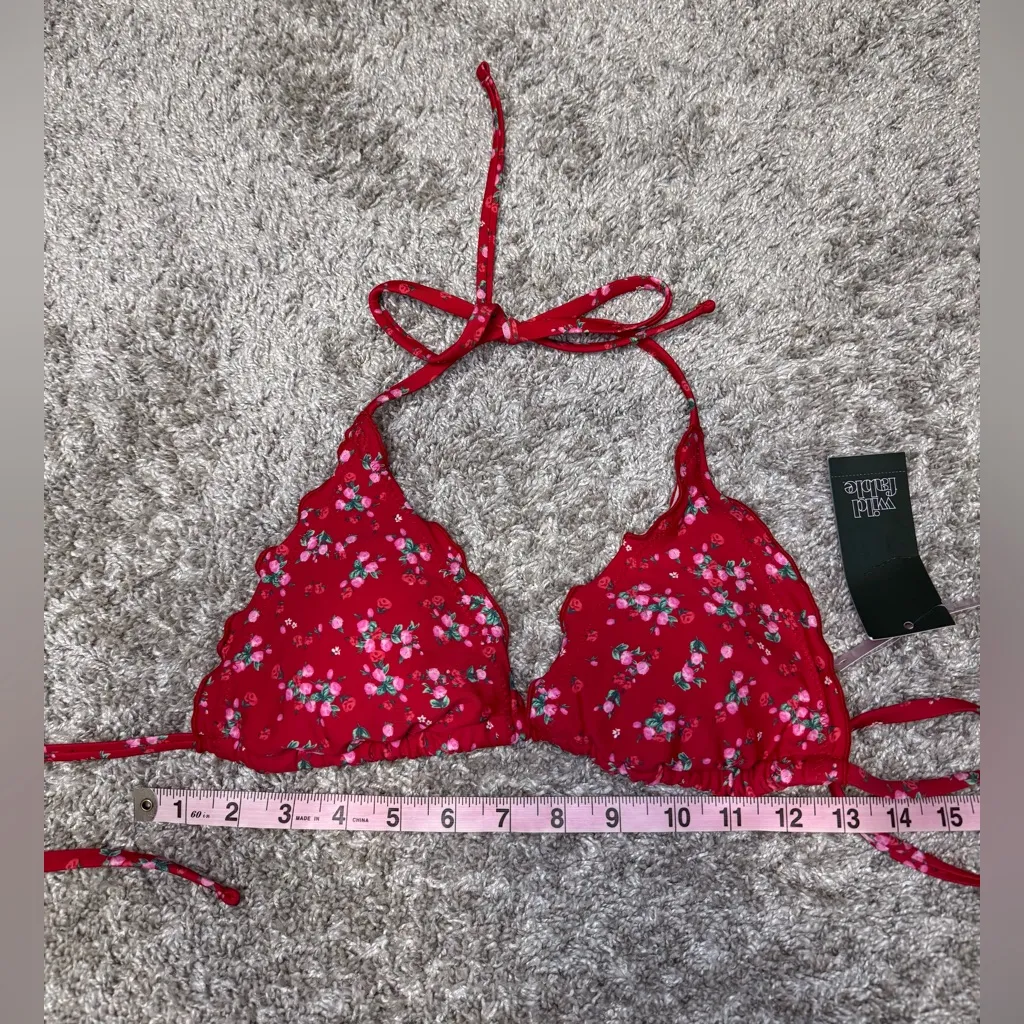 Wild Fable Red and Pink Dainty Floral Triangle Ruffle Bikini Top Size XXS NWT - Image 4