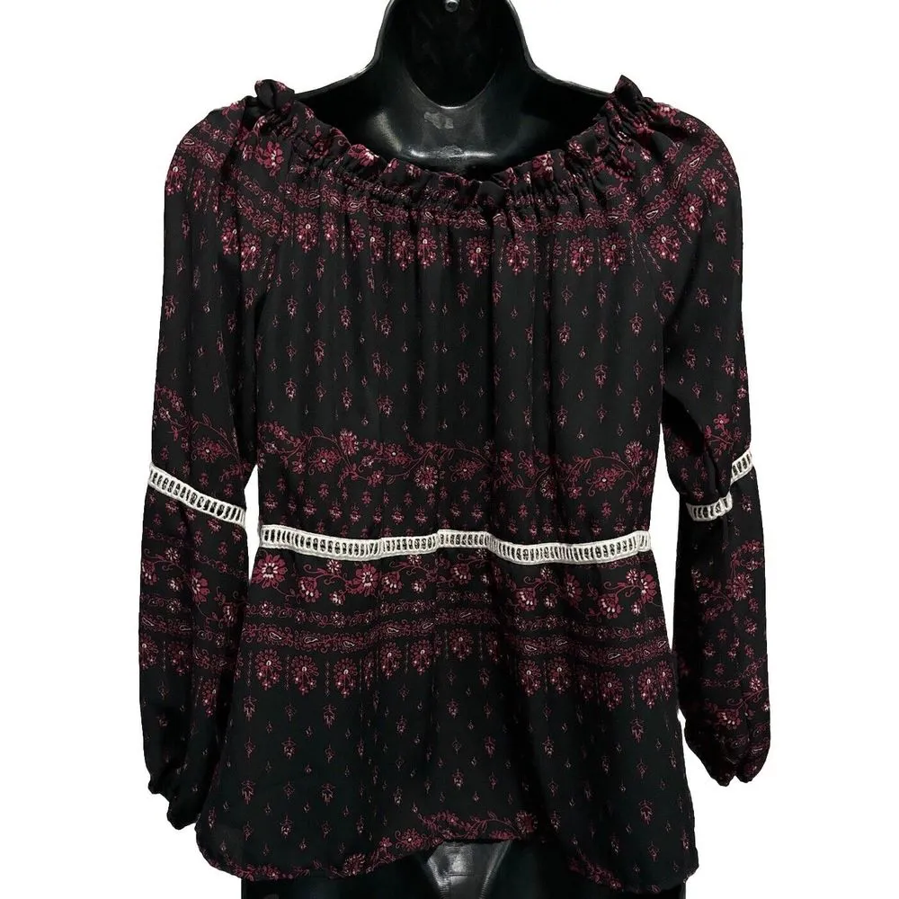 Rue 21 Black/Plum Paisley/Floral 3/4 Sleeve Blouse Size‎ Small Boat/tie/ruffle - Image 4