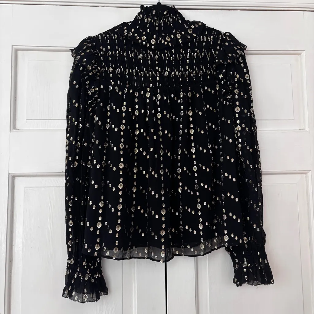 ULLA JOHNSON Mila Blouse Shirred Ruffle Metallic Silk Gold Chiffon Cosmos Size 2 - Image 9