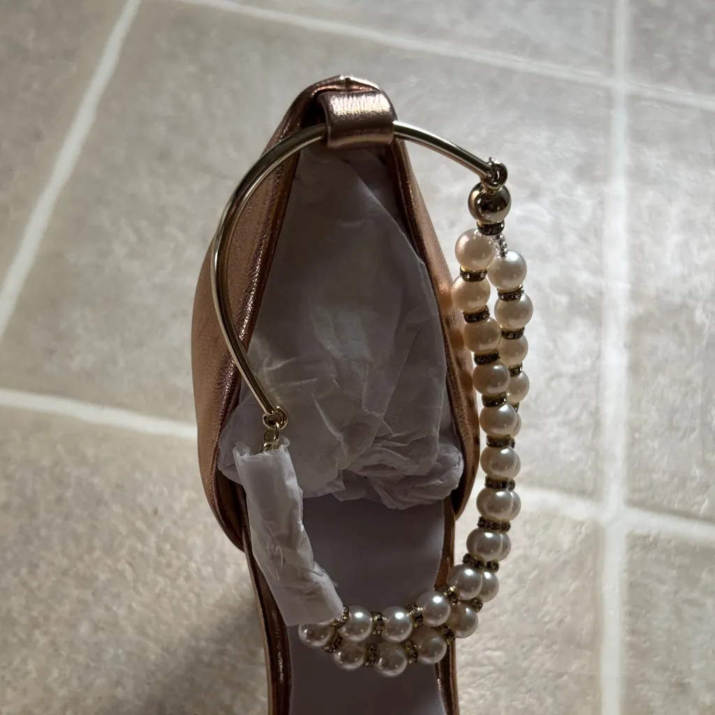 Badgley Mischka Rose Gold Heels with Pearl Strap - Image 4