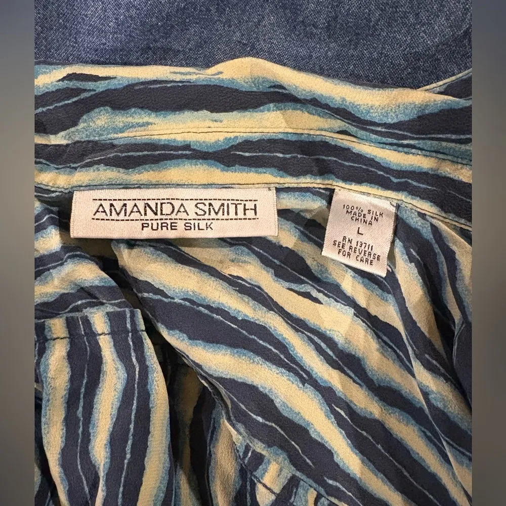Amanda Smith silk striped button down shirt blouse green L - Image 3
