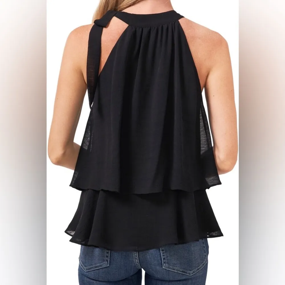 CeCe  Shoulder Bow Tiered Ruffle Crinkle Chiffon Blouse Black Women’s Sz L - Image 4