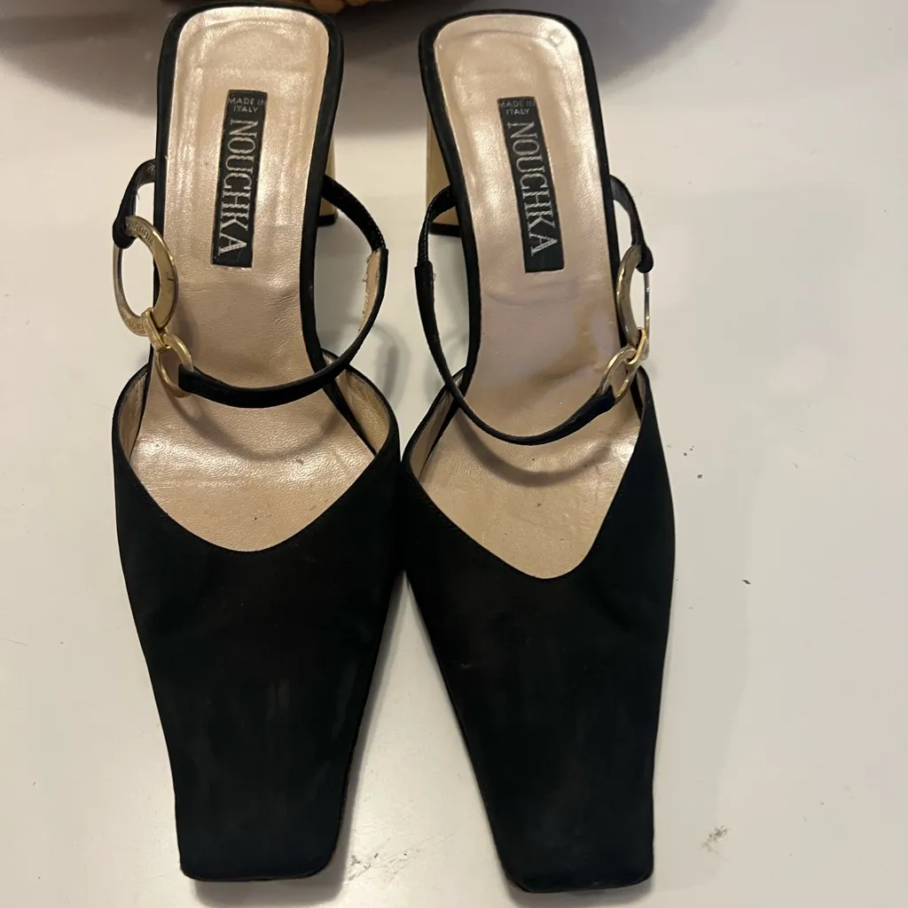 Nouchka black silk square toe mules vintage 6.5 gold embossed hardware - Image 4