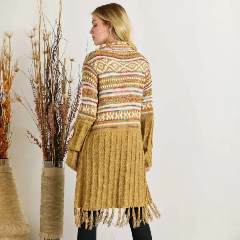 Bohemian Longline Knit Cardigan With Fringe Tassel Hem Southwestern Aztec Print Size L - Image 3
