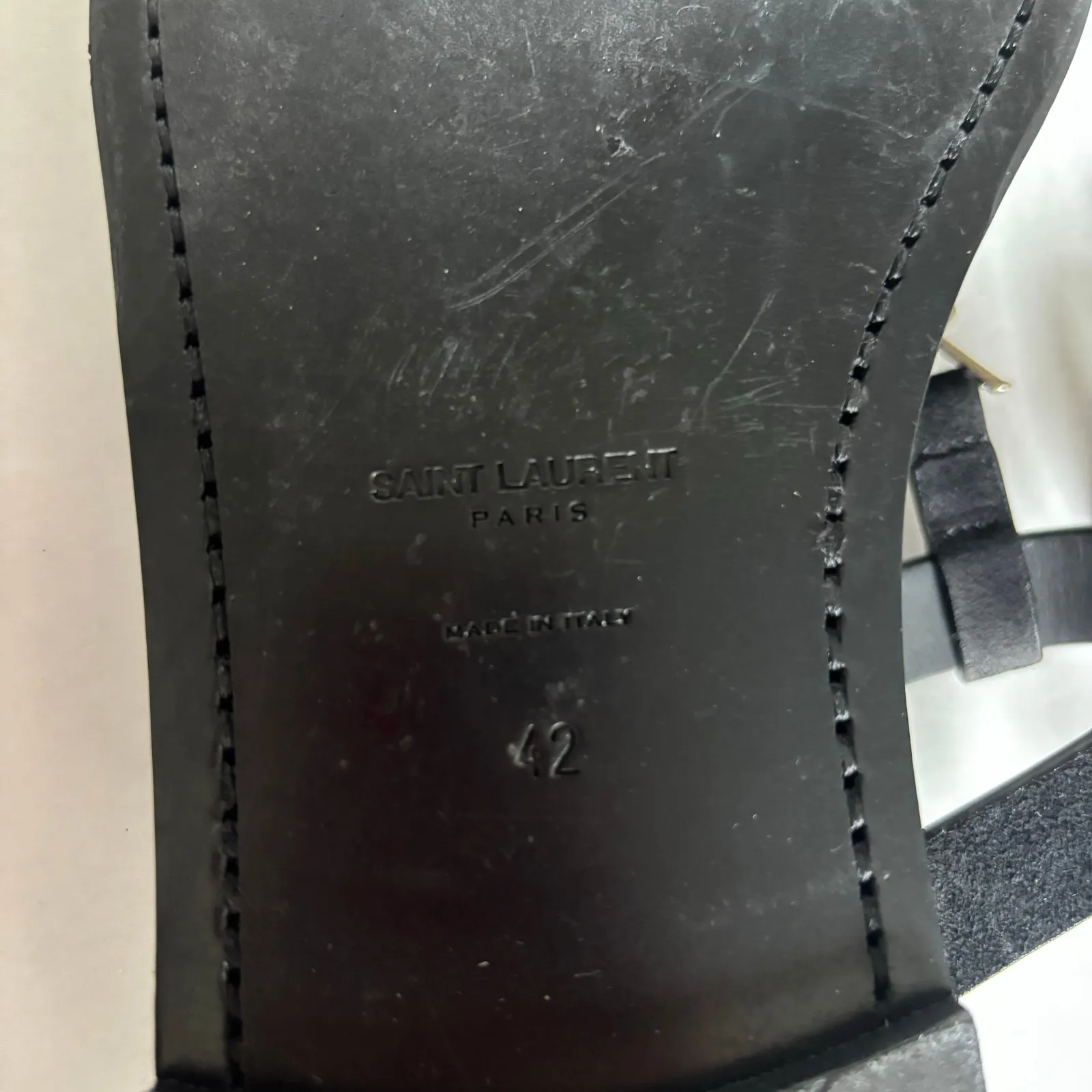 Saint Laurent Cassandra YSL Studded T-Strap Leather Flat Sandals Black Size 42 - Image 11