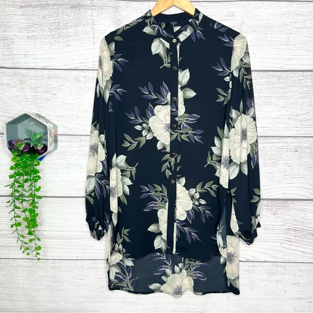 Tahari Black Floral Long High Low Shirttail Hem Button-Up Blouse Top Size Medium - Image 12