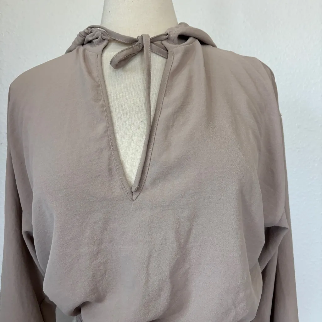 Zara Solid Taupe Hooded V-Neck Long Sleeve Top - Image 2