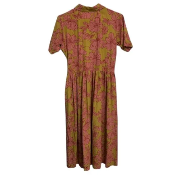 Downeast Floral Midi Dress Button Down Short Sleeve Green Pink Cottagecore‎ Sz M - Image 3
