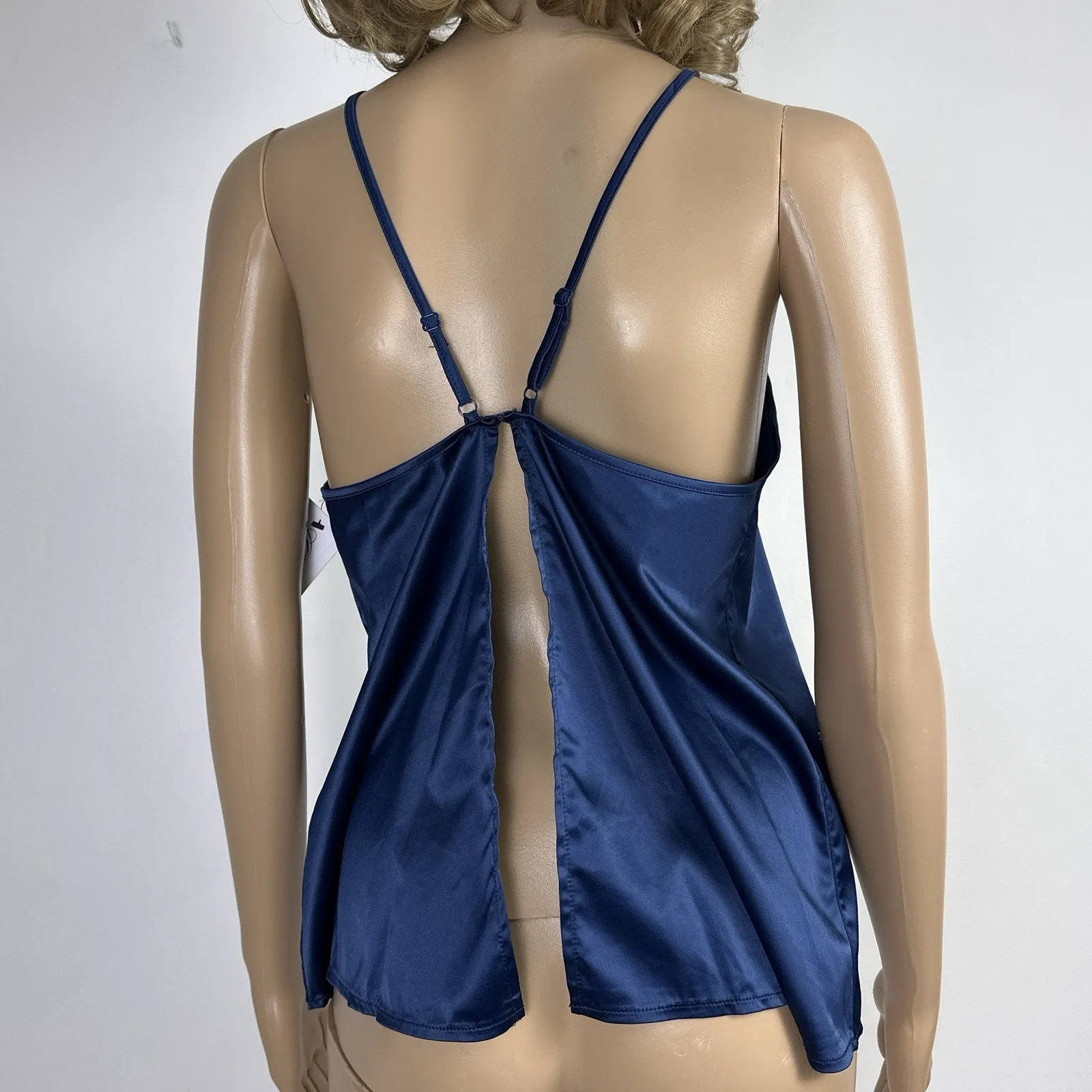 Oh La La Cheri Satin Camisole Cream Lace Flutter Open Back Halter Large New NWT Blue - Image 5