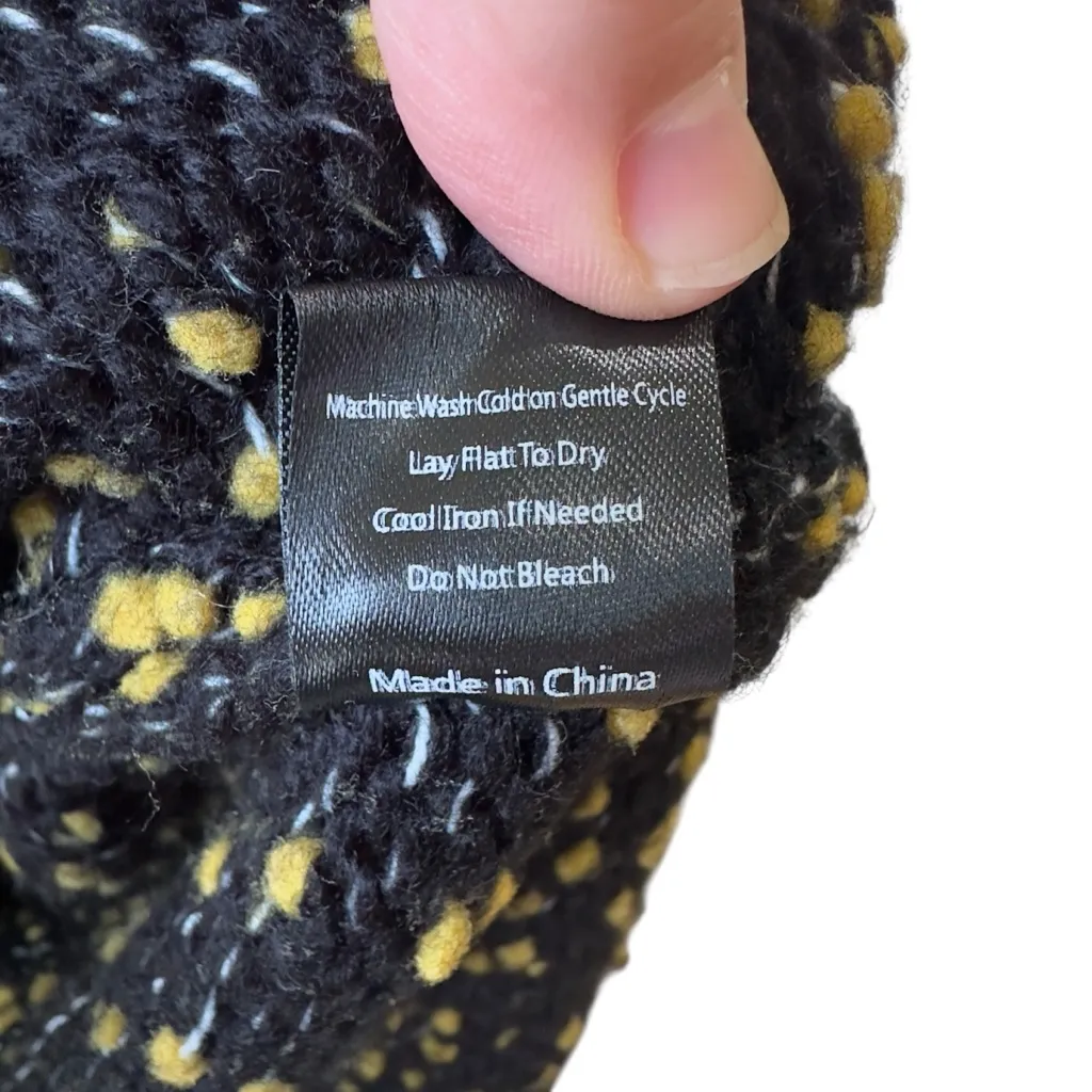 POL Navy Yellow Speckled Knit‎ Hoodie Sweater Button Front Bell Sleeve Size M - Image 6