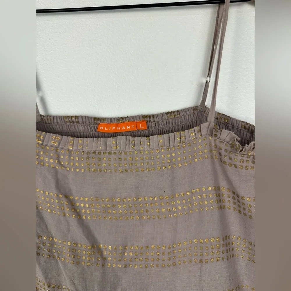 Oliphant Smocked Tiered Purple Gray Metallic Gold Dot Stripe Midi Dress Sz L Size L - Image 4