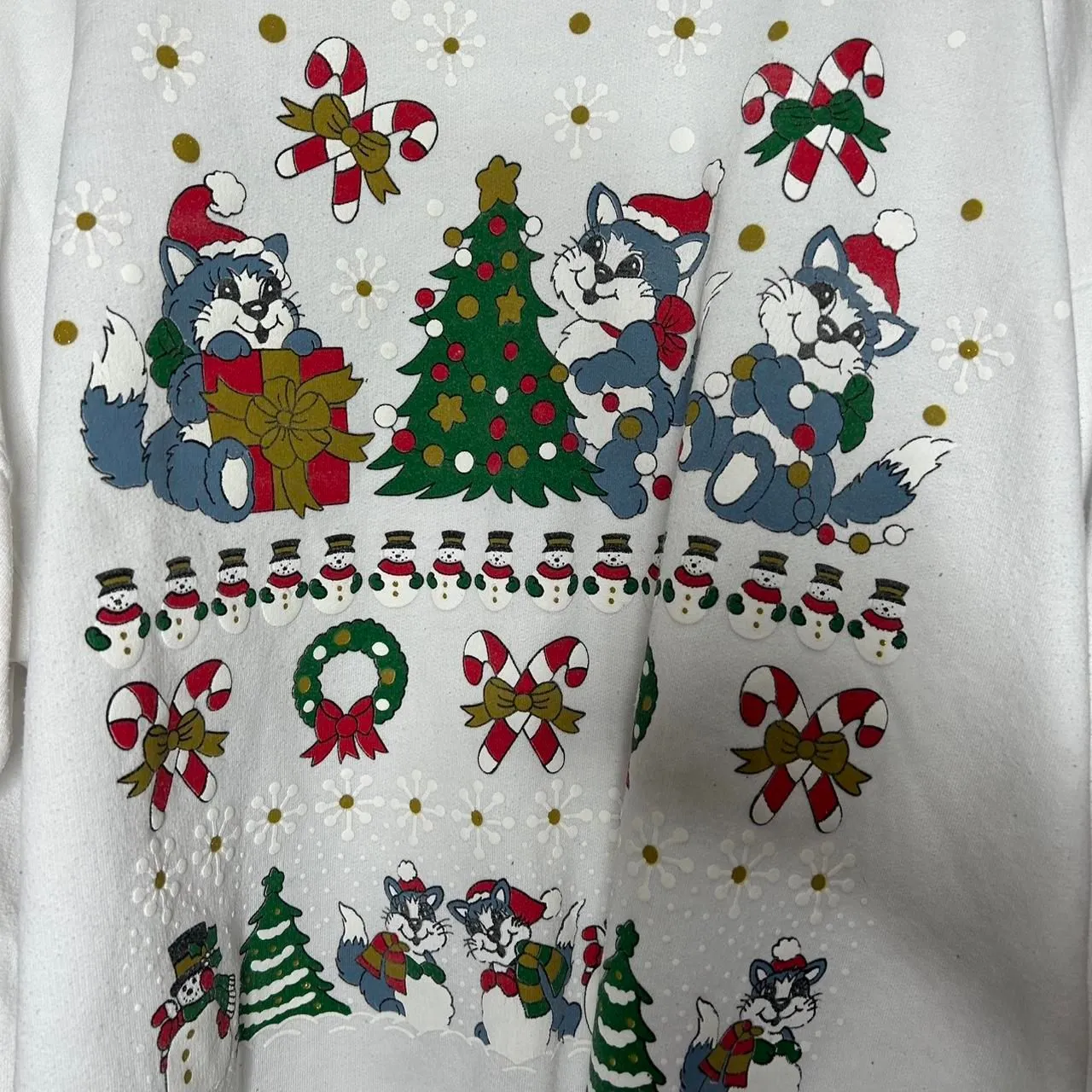White vintage 90s 1990s Christmas cat kitten crewneck sweatshirt 2XL Size 2X - Image 2
