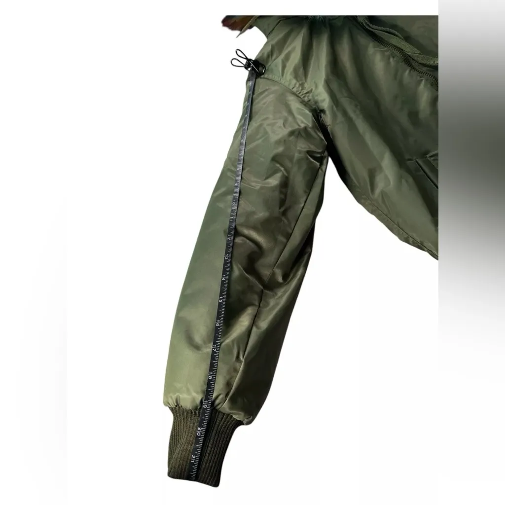 Popski Olive Green Bomber Jacket Rainbow Faux Fur Trim Multicolor Lining Women M Size 6 - Image 10