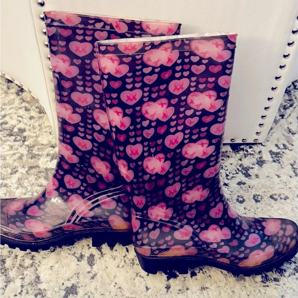 Pink Ribbons & Hearts Black Rain Boots Size 8 - Image 3