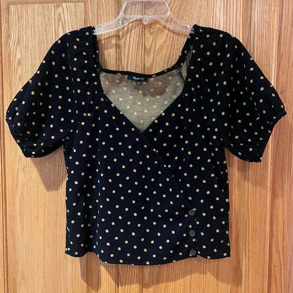 Madewell Corduroy Puff-Sleeve Button Wrap Top Black in Tan Oval Dot Size XS‎ - Image 5