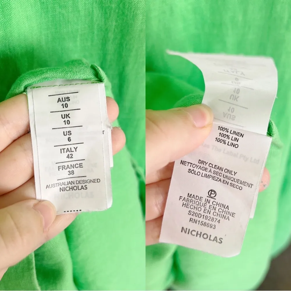 NICHOLAS • Troy Dress green linen midi puff sleeve tie waist button front Size 6 - Image 10