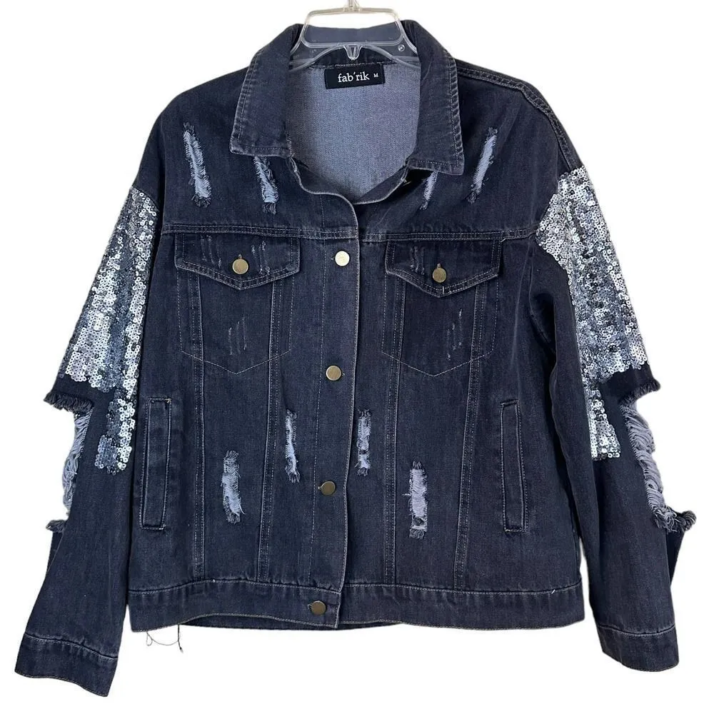 Fabrik Black Distressed Denim Embellished Jean Jacket Size Medium - Image 2