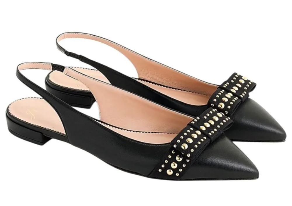 EUC J. Crew Leather Gwen Sling Back Gold
Studded Bow Flats Black Size 8 - Image 2
