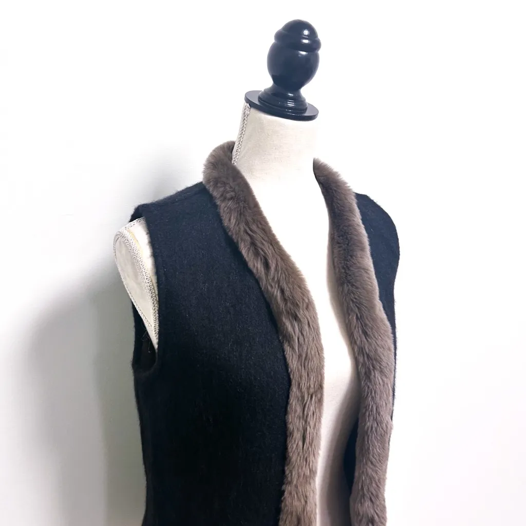 J McLaughlin Cashmere Rabbit Fur Trim Black Brown Grey Open Front Vest Small - Image 3