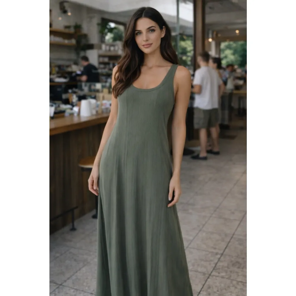 Aerie Olive Ribbed Maxi Dress Scoop Neck Lounge Beach Resort Relaxed Sage Green - Image 2