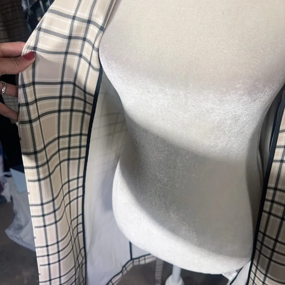 $159 Calvin Klein checkered long Cardigan jacket leather pockets padded Sz 4 NWT - Image 9