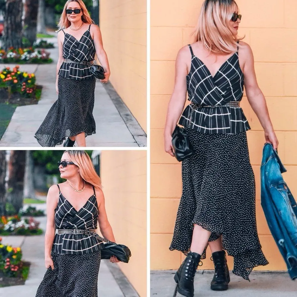 Cabi Plaid Check Crossover Cami Black Strappy Peplum Top Women 2 Preppy Office - Image 2