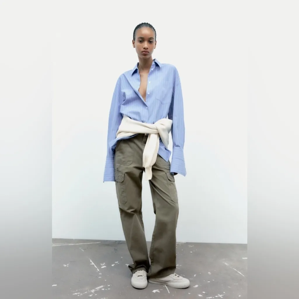 Zara Cargo Pants High Rise Straight Leg Army Green Pockets Silver Relaxed fit 2 - Image 4