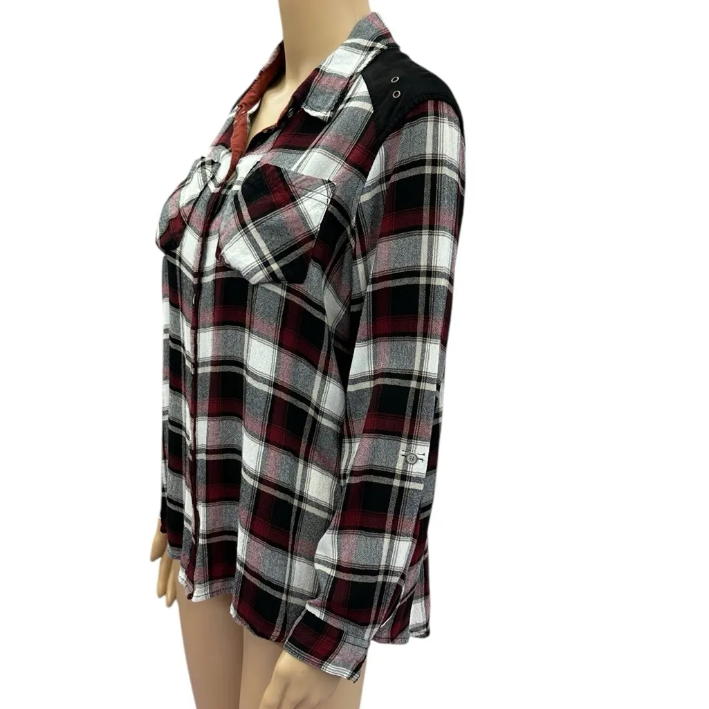 Westbound Plaid Sueded Yoke Long Button Tab Sleeve Shirt Womens Petite Large - Image 4