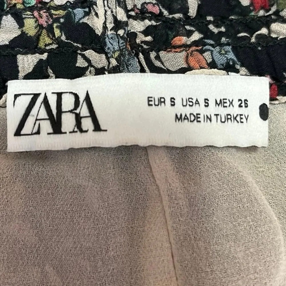 Zara Black Floral Smocked High Waist Ruffle Pull On Mini Skirt Skort Size S - Image 5