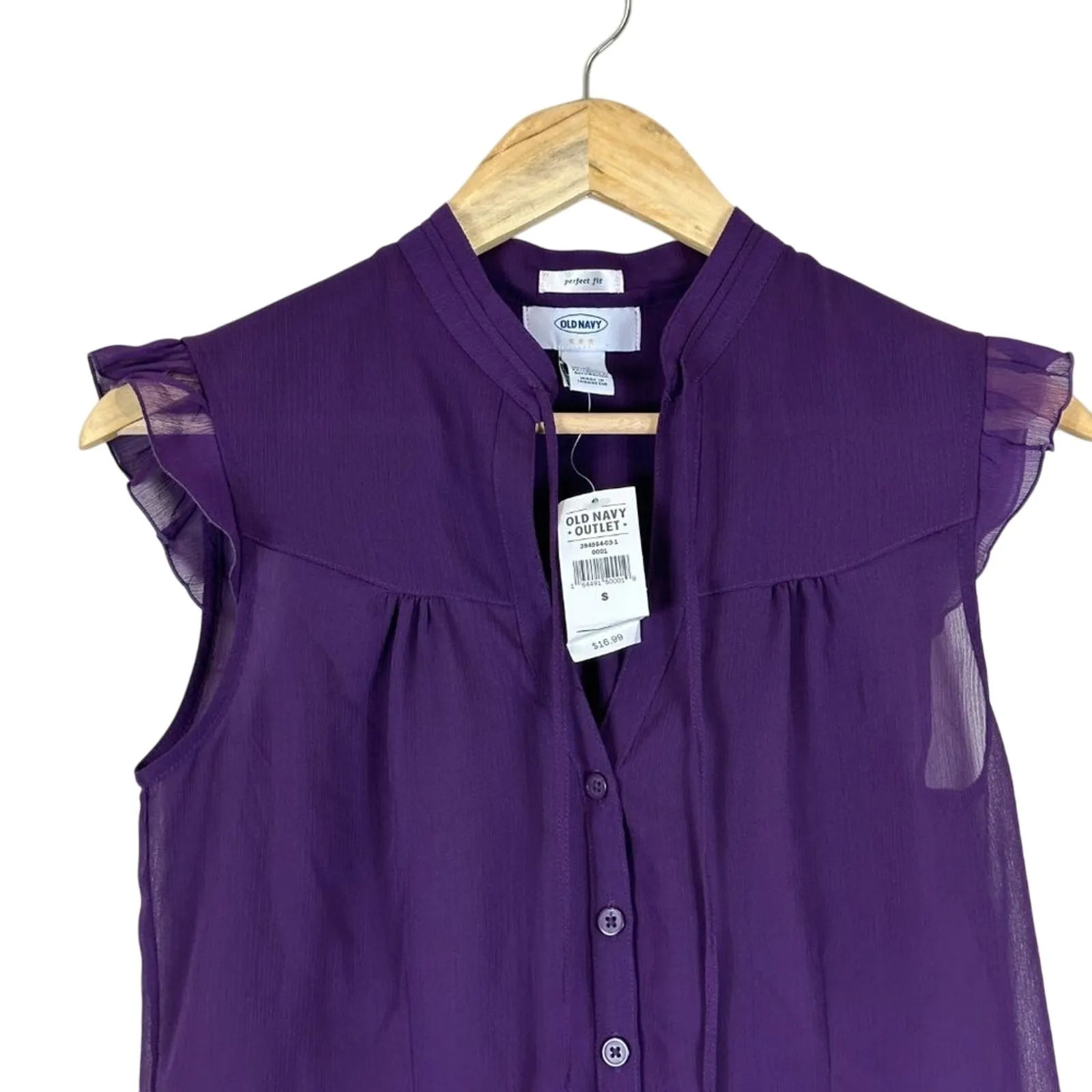 NWT Old Navy Button Down Blouse Womens S Purple Chiffon Ruffle Delicate Modest - Image 2