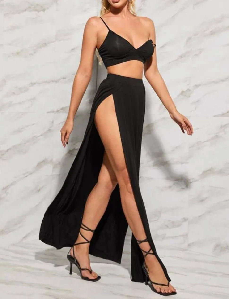Solid Bralette Top And High Split Front Skirt Set - Image 3