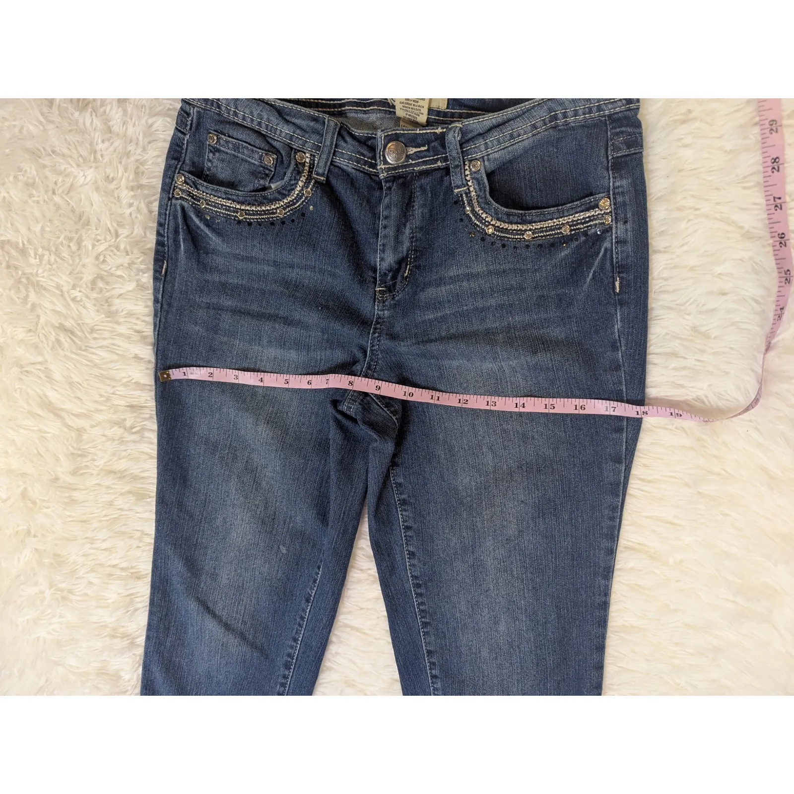 Y2K Vintage Earl Jean Bedazled Lace Detail Capri Cut Medium Wash Jeans Size 8 Blue - Image 9