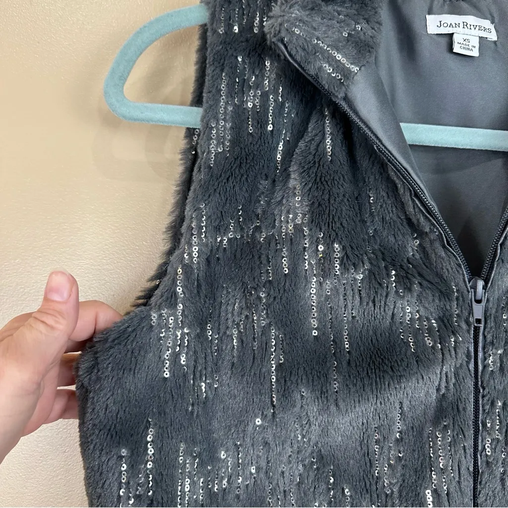 Joan Rivers Gray Faux Fur Sequin Full Zip Vest XS Maximalist Whimsigoth - Image 3