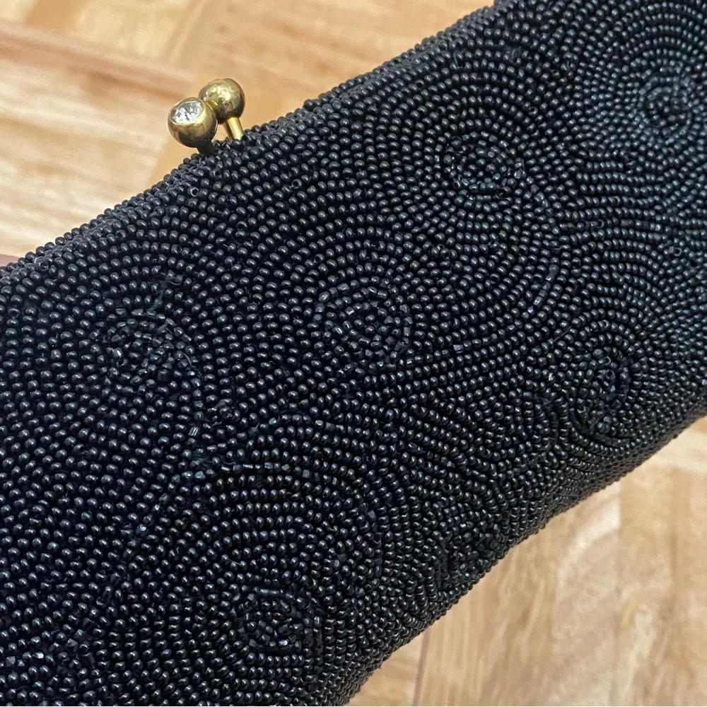 Vintage 60s CHARBET Belgium Handmade Black Seed Beads Beaded Long Clutch Bag - Image 4