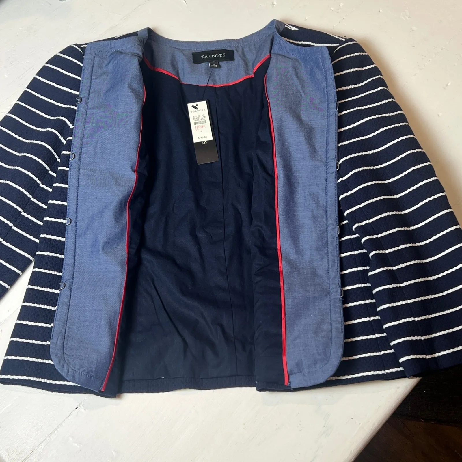 Talbots Navy White Striped Textured Open Front Blazer Women's 4 NWT - Image 4