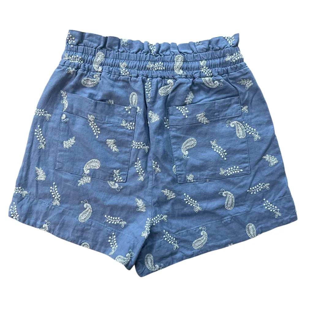 House of Harlow 1960 Embroidered Paisley Linen Blend Paperbag Shorts Blue - Image 2