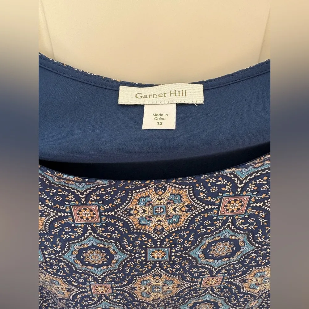 Garnet Hill 100% Silk Shift Dress 3/4 Sleeve Blue Medallion Print Size 12 - Image 5