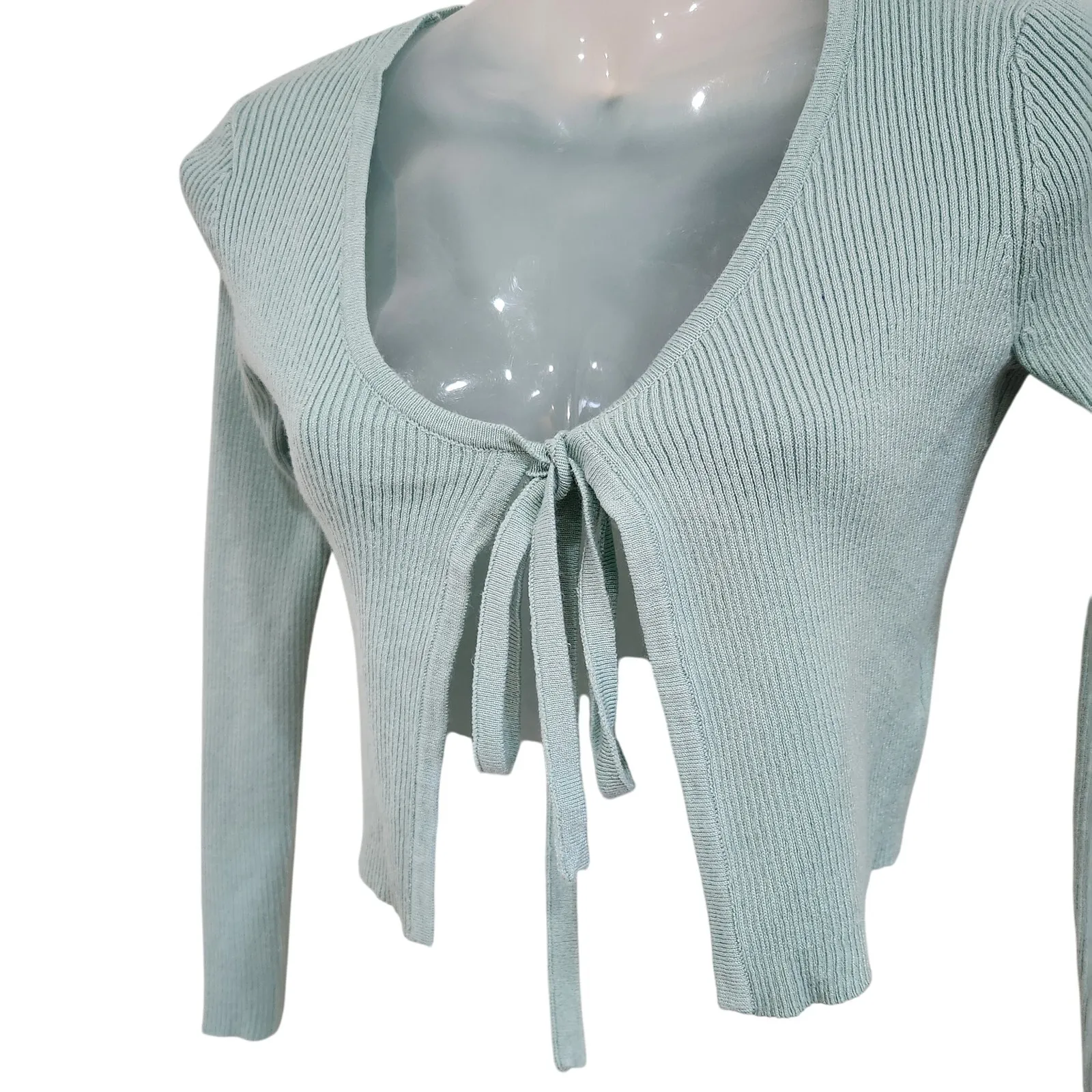 Twine & String Tie Front Crop Cardigan Sweater Ribbed Knit Mint Green Size XS - Image 2