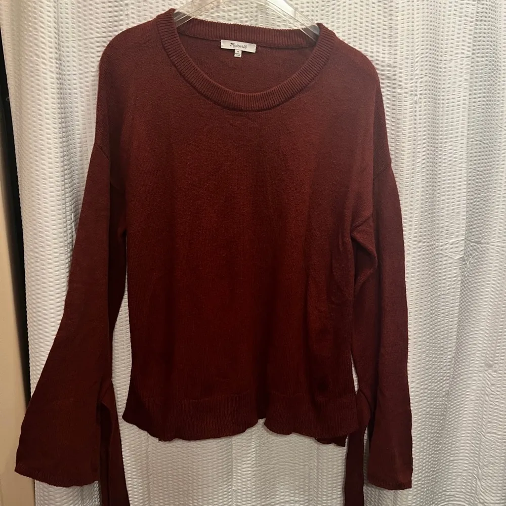 Rust Brown, Midweight Loose Fit Sweater Bell sleeved Bow Tie Ends - Image 4