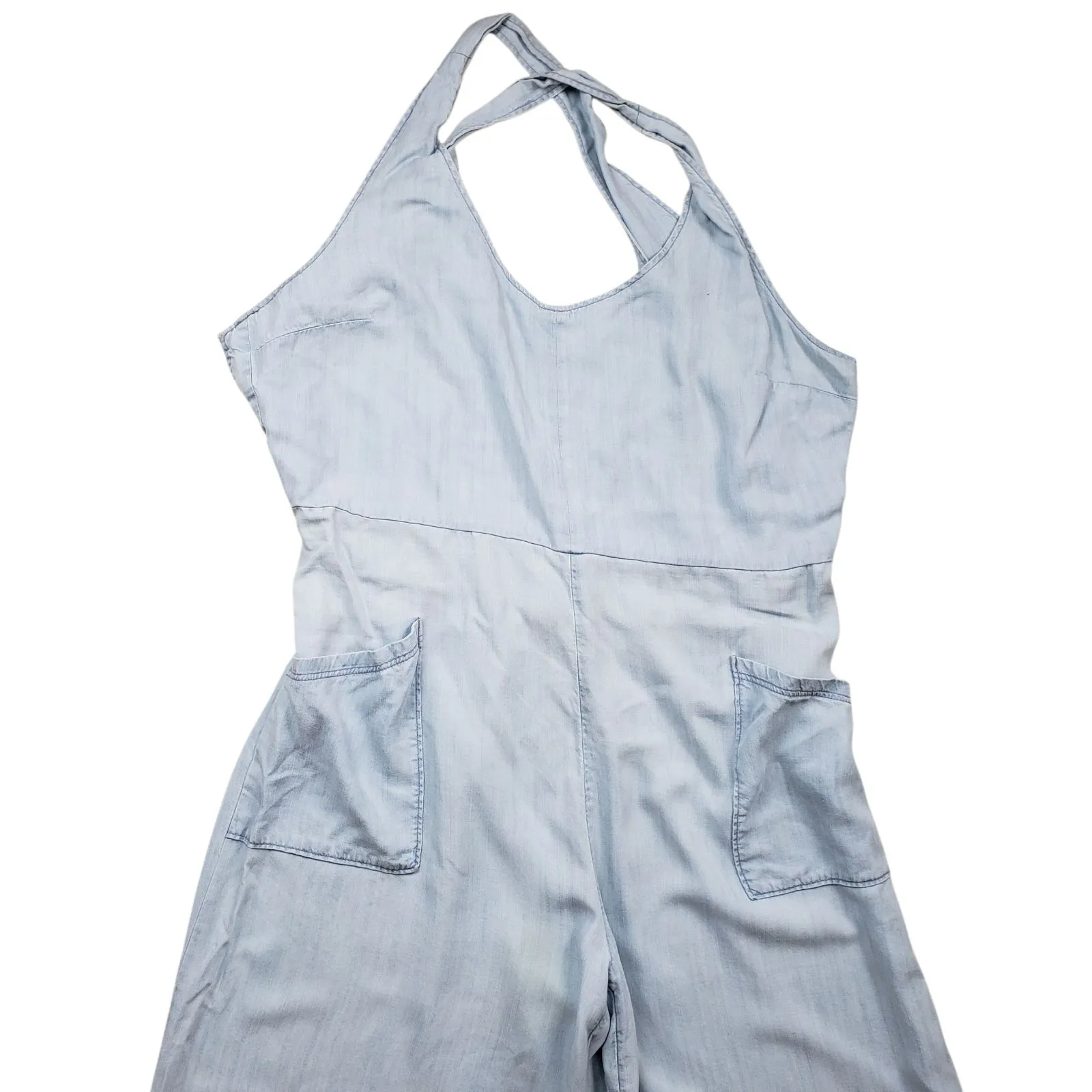 Prana Bahia Wide Leg Overall Jumpsuit Womens XL Blue Cross Back Pockets - Image 15