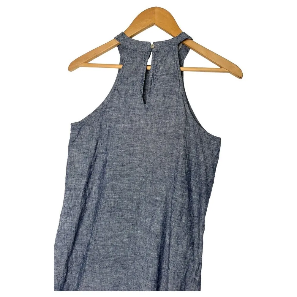 Tahari Dress Womens XS Linen Halter Sleeveless A Line Chambray Beachy Tank Blue - Image 5